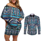 Maori Matariki Couples Matching Off Shoulder Short Dress and Long Sleeve Button Shirt Blue Galaxy Aesthetic Koru Art