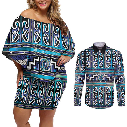 Maori Matariki Couples Matching Off Shoulder Short Dress and Long Sleeve Button Shirt Blue Galaxy Aesthetic Koru Art