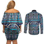 Maori Matariki Couples Matching Off Shoulder Short Dress and Long Sleeve Button Shirt Blue Galaxy Aesthetic Koru Art