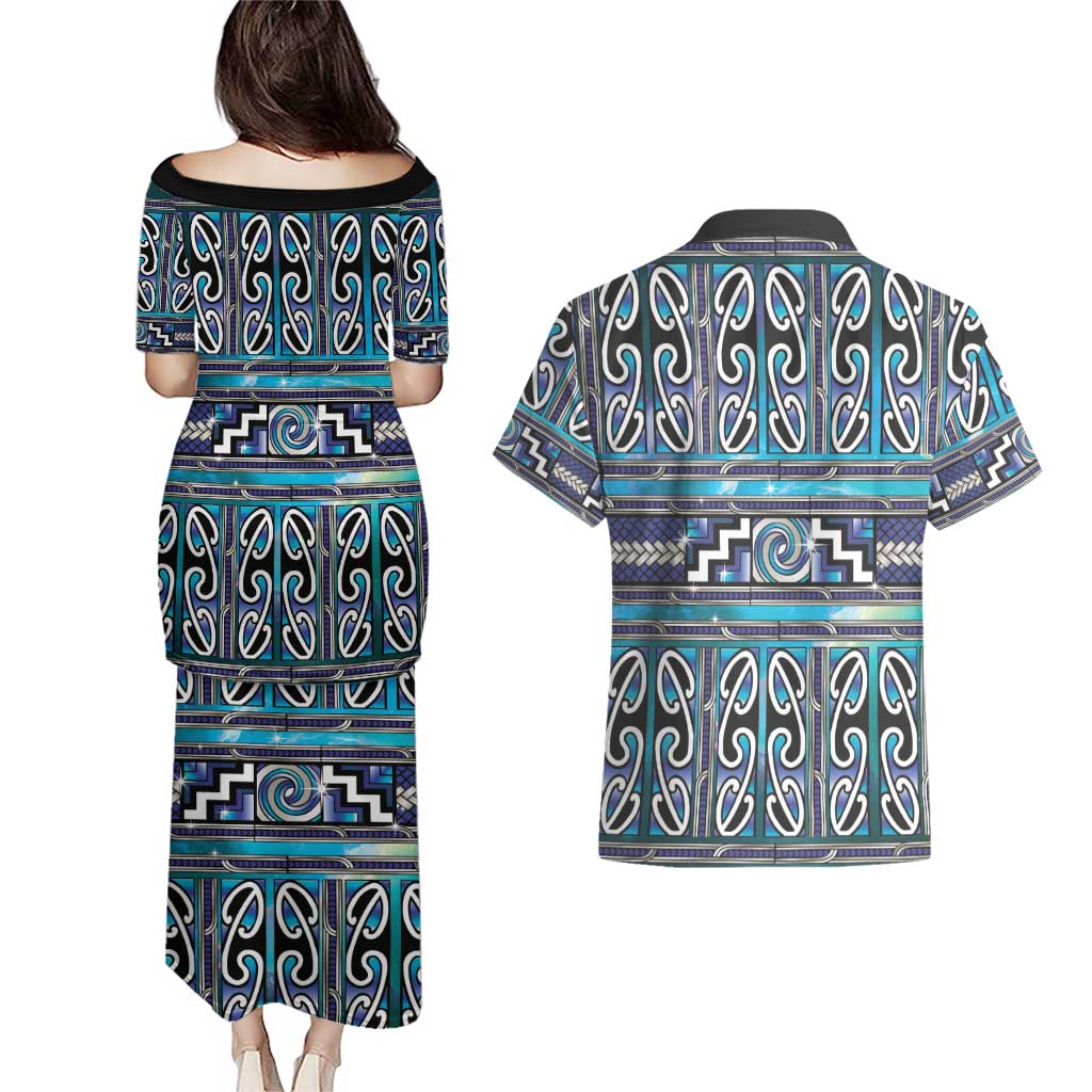 Maori Matariki Couples Matching Puletasi and Hawaiian Shirt Blue Galaxy Aesthetic Koru Art