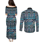 Maori Matariki Couples Matching Puletasi and Long Sleeve Button Shirt Blue Galaxy Aesthetic Koru Art