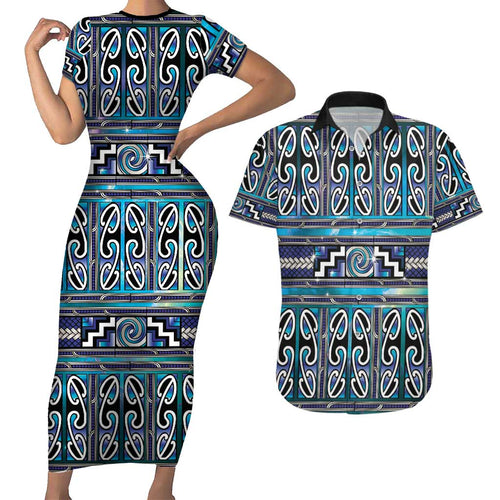Maori Matariki Couples Matching Short Sleeve Bodycon Dress and Hawaiian Shirt Blue Galaxy Aesthetic Koru Art