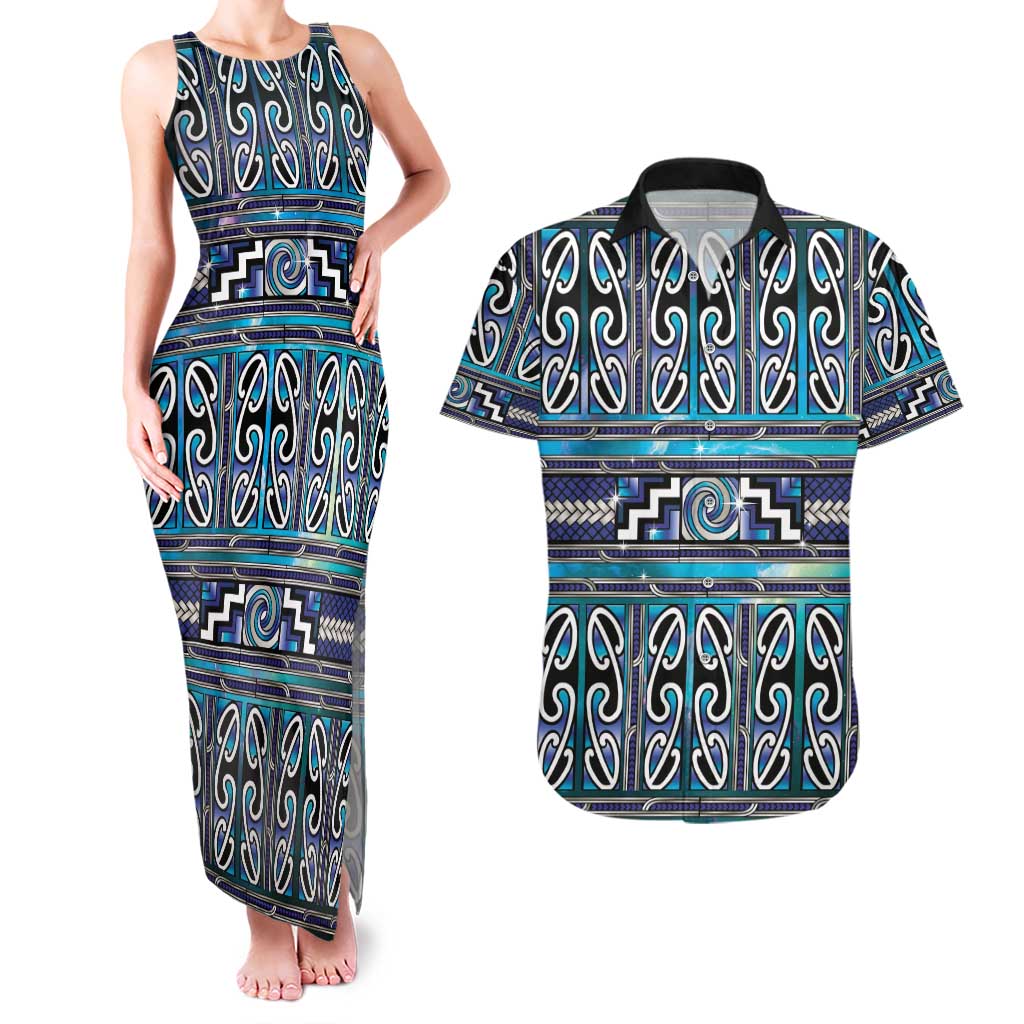 Maori Matariki Couples Matching Tank Maxi Dress and Hawaiian Shirt Blue Galaxy Aesthetic Koru Art