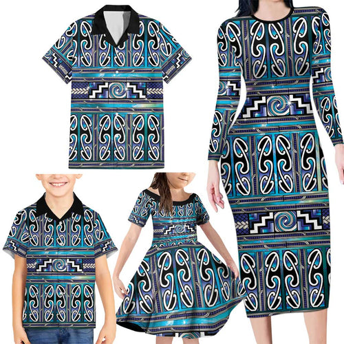 Maori Matariki Family Matching Long Sleeve Bodycon Dress and Hawaiian Shirt Blue Galaxy Aesthetic Koru Art