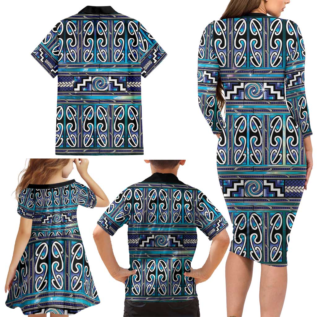 Maori Matariki Family Matching Long Sleeve Bodycon Dress and Hawaiian Shirt Blue Galaxy Aesthetic Koru Art