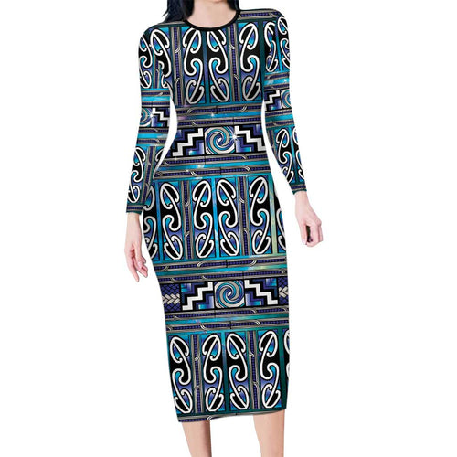Maori Matariki Family Matching Long Sleeve Bodycon Dress and Hawaiian Shirt Blue Galaxy Aesthetic Koru Art