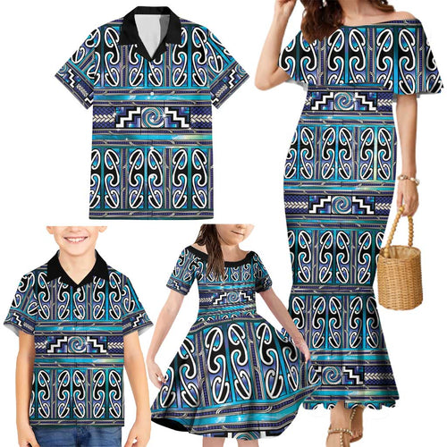 Maori Matariki Family Matching Mermaid Dress and Hawaiian Shirt Blue Galaxy Aesthetic Koru Art