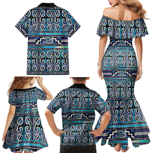Maori Matariki Family Matching Mermaid Dress and Hawaiian Shirt Blue Galaxy Aesthetic Koru Art