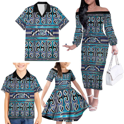 Maori Matariki Family Matching Off The Shoulder Long Sleeve Dress and Hawaiian Shirt Blue Galaxy Aesthetic Koru Art