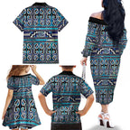 Maori Matariki Family Matching Off The Shoulder Long Sleeve Dress and Hawaiian Shirt Blue Galaxy Aesthetic Koru Art