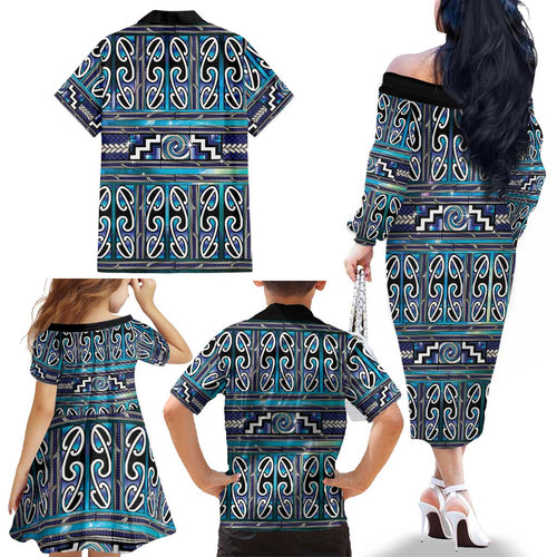 Maori Matariki Family Matching Off The Shoulder Long Sleeve Dress and Hawaiian Shirt Blue Galaxy Aesthetic Koru Art
