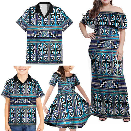 Maori Matariki Family Matching Off Shoulder Maxi Dress and Hawaiian Shirt Blue Galaxy Aesthetic Koru Art
