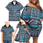 Maori Matariki Family Matching Off Shoulder Short Dress and Hawaiian Shirt Blue Galaxy Aesthetic Koru Art