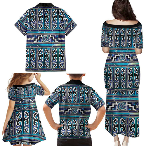 Maori Matariki Family Matching Puletasi and Hawaiian Shirt Blue Galaxy Aesthetic Koru Art