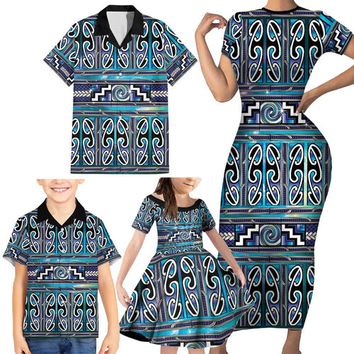 Maori Matariki Family Matching Short Sleeve Bodycon Dress and Hawaiian Shirt Blue Galaxy Aesthetic Koru Art