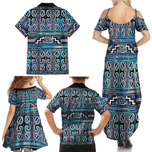 Maori Matariki Family Matching Summer Maxi Dress and Hawaiian Shirt Blue Galaxy Aesthetic Koru Art