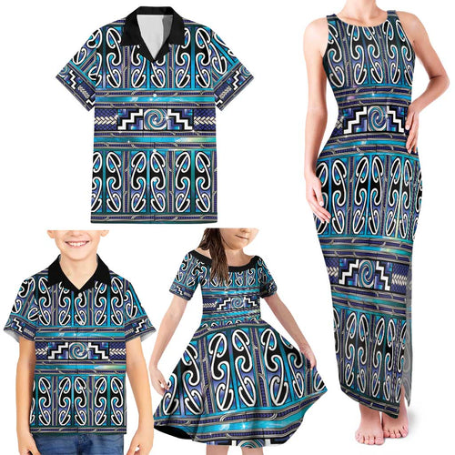 Maori Matariki Family Matching Tank Maxi Dress and Hawaiian Shirt Blue Galaxy Aesthetic Koru Art