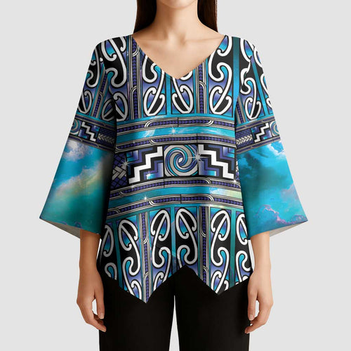 Maori Matariki Kimono Sleeve Blouse Blue Galaxy Aesthetic Koru Art