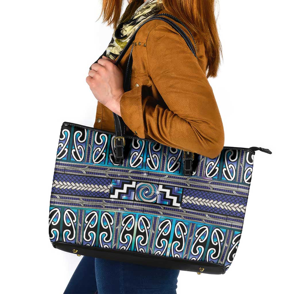Maori Matariki Leather Tote Bag Blue Galaxy Aesthetic Koru Art