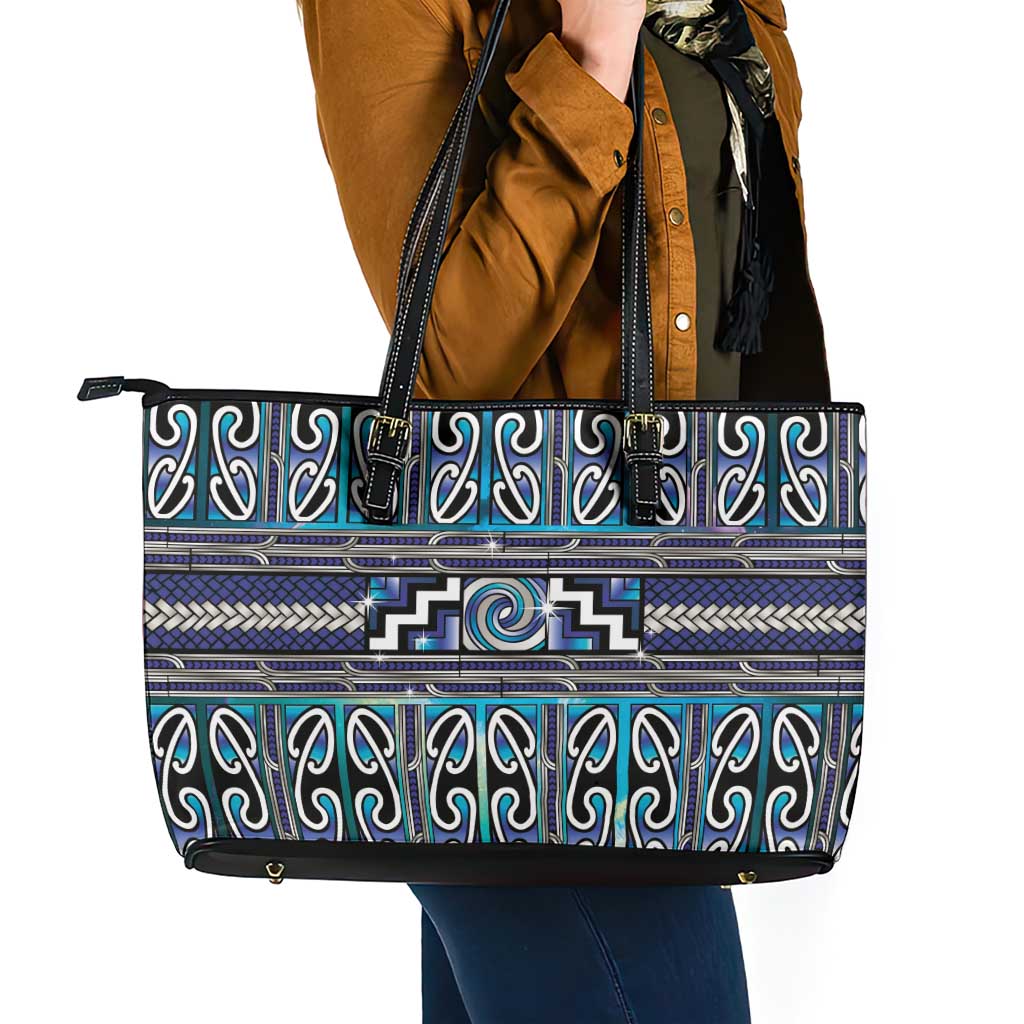 Maori Matariki Leather Tote Bag Blue Galaxy Aesthetic Koru Art