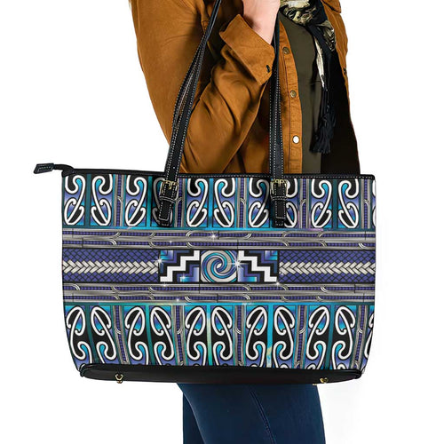 Maori Matariki Leather Tote Bag Blue Galaxy Aesthetic Koru Art