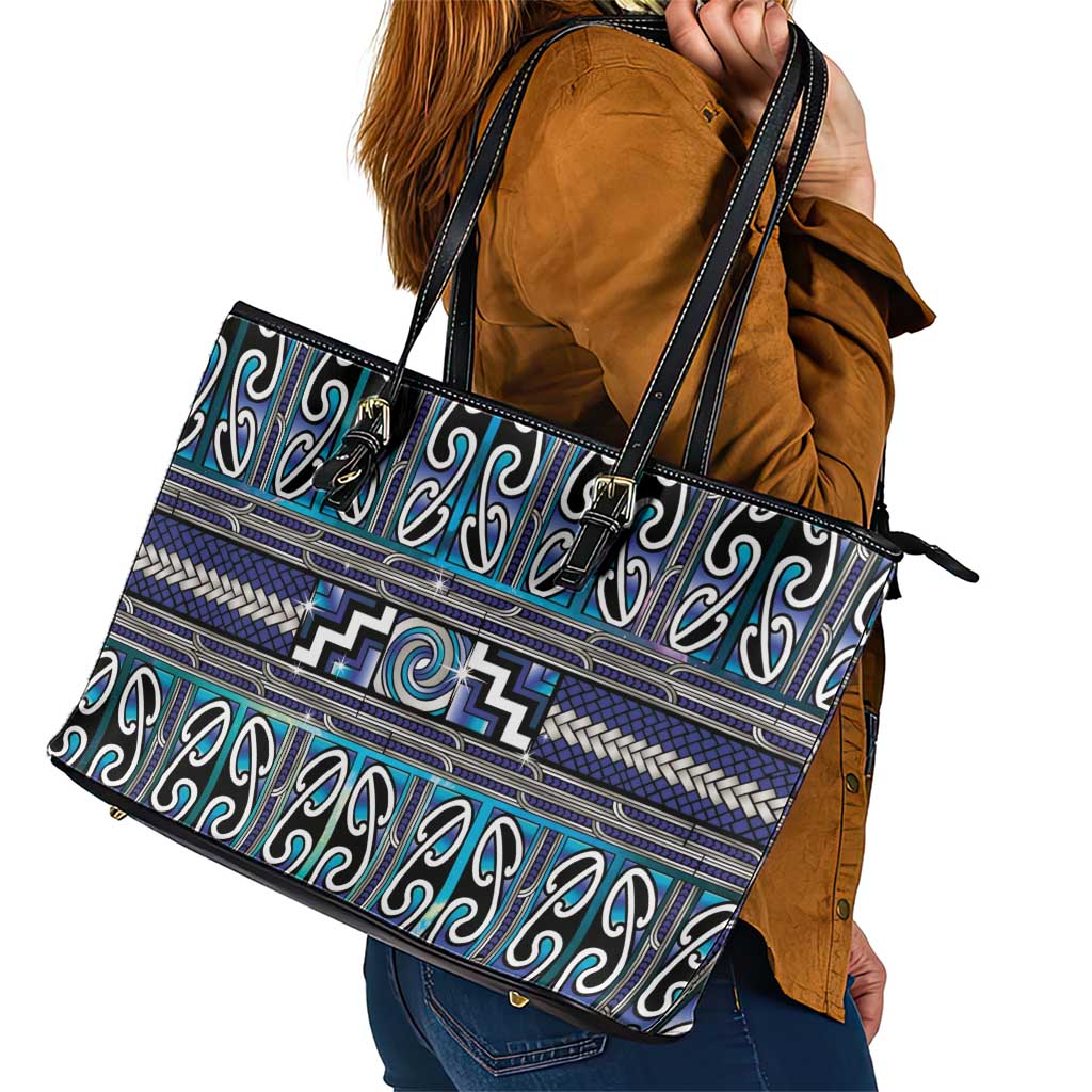 Maori Matariki Leather Tote Bag Blue Galaxy Aesthetic Koru Art