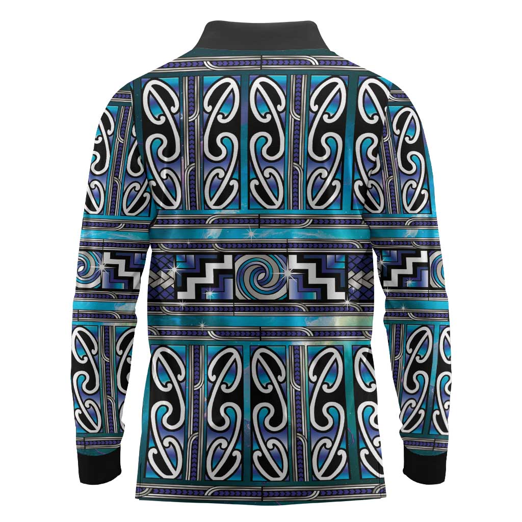 Maori Matariki Long Sleeve Polo Shirt Blue Galaxy Aesthetic Koru Art