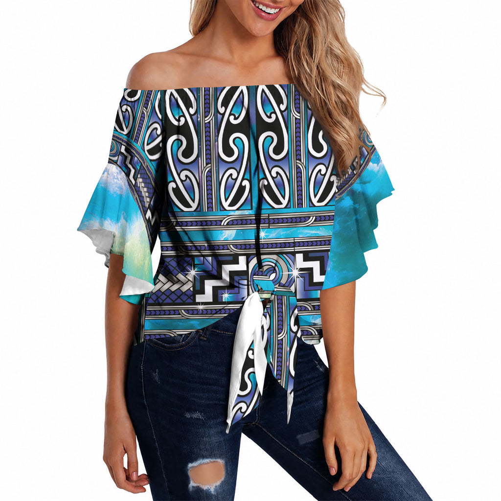Maori Matariki Off Shoulder Wrap Waist Top Blue Galaxy Aesthetic Koru Art