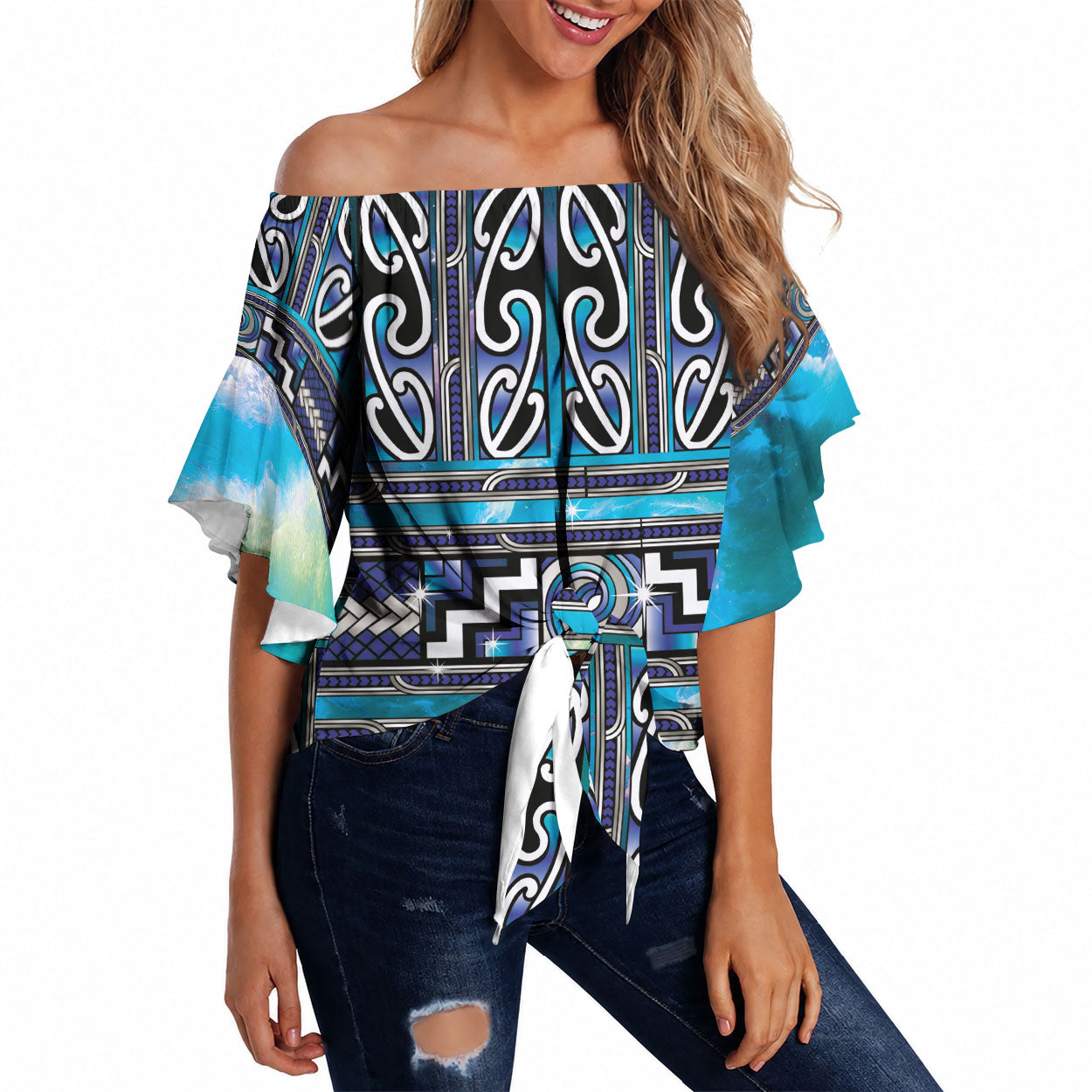 Maori Matariki Off Shoulder Wrap Waist Top Blue Galaxy Aesthetic Koru Art