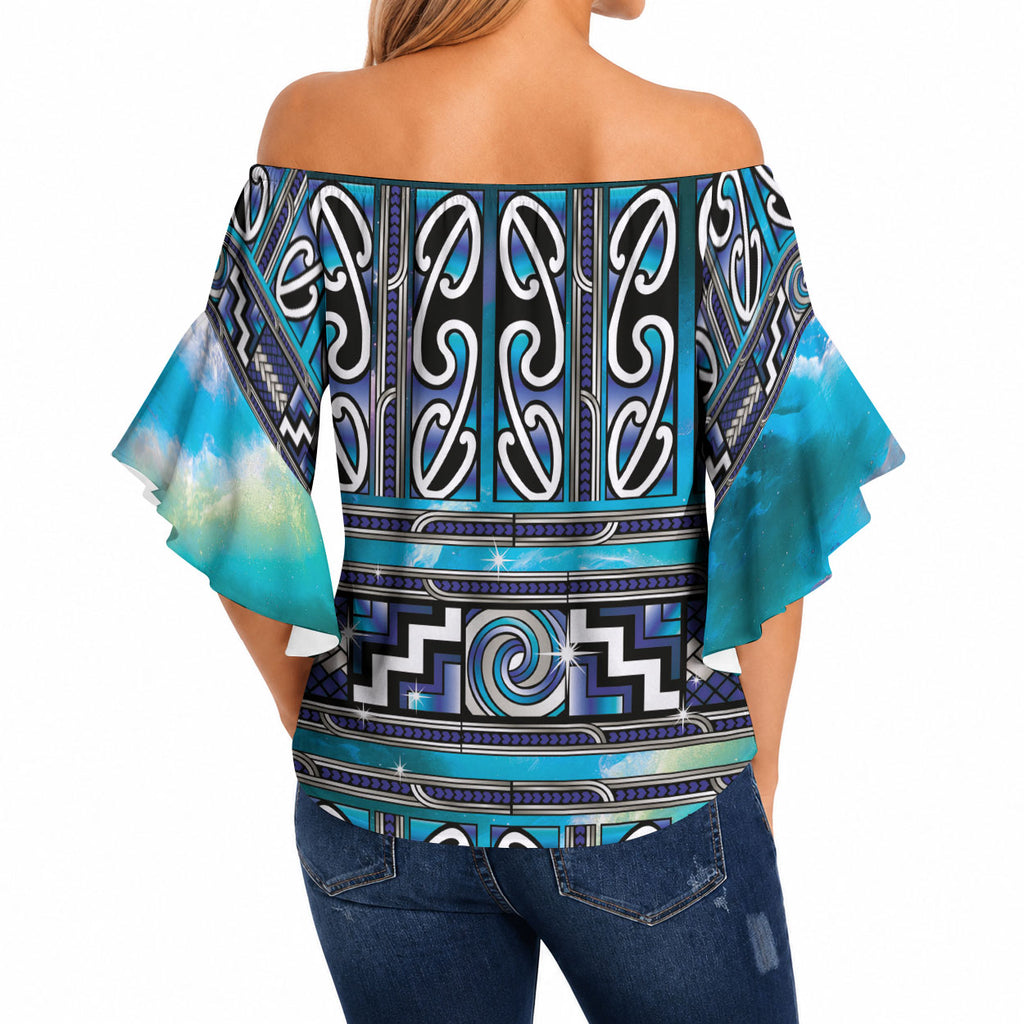 Maori Matariki Off Shoulder Wrap Waist Top Blue Galaxy Aesthetic Koru Art