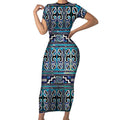 Maori Matariki Short Sleeve Bodycon Dress Blue Galaxy Aesthetic Koru Art