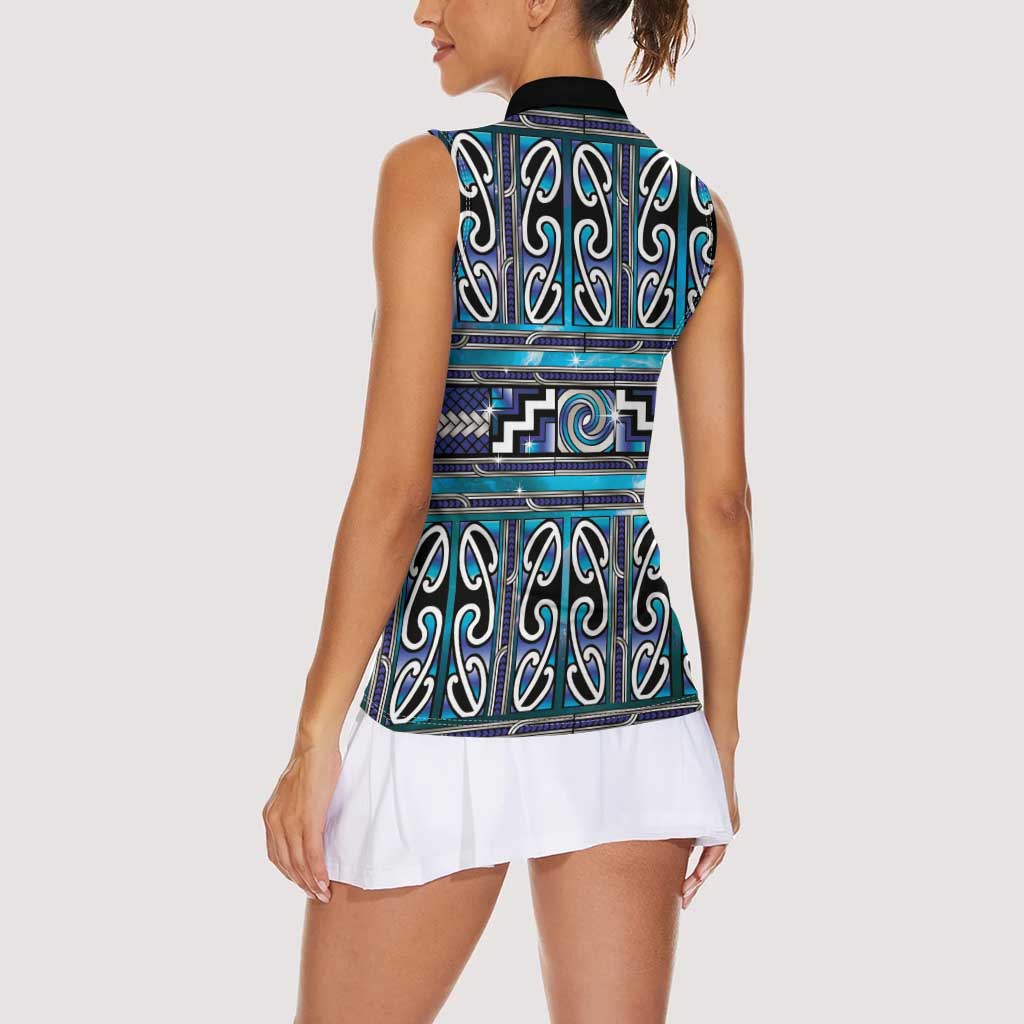 Maori Matariki Women Sleeveless Polo Shirt Blue Galaxy Aesthetic Koru Art
