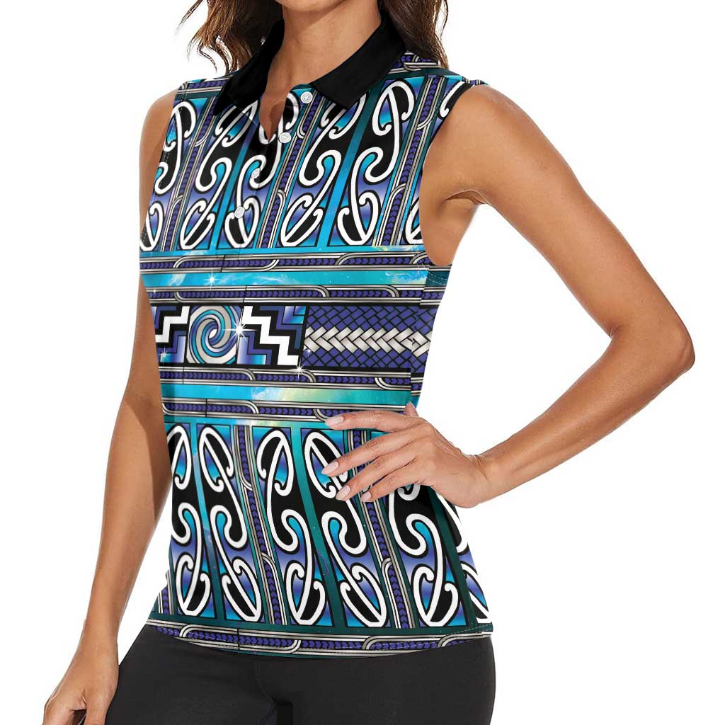 Maori Matariki Women Sleeveless Polo Shirt Blue Galaxy Aesthetic Koru Art