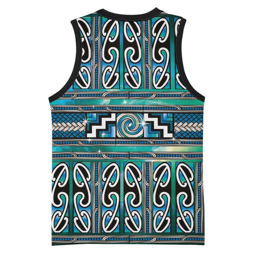 Maori Matariki Basketball Jersey Green Galaxy Aesthetic Koru Art