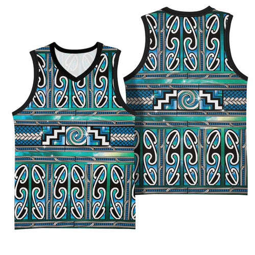 Maori Matariki Basketball Jersey Green Galaxy Aesthetic Koru Art