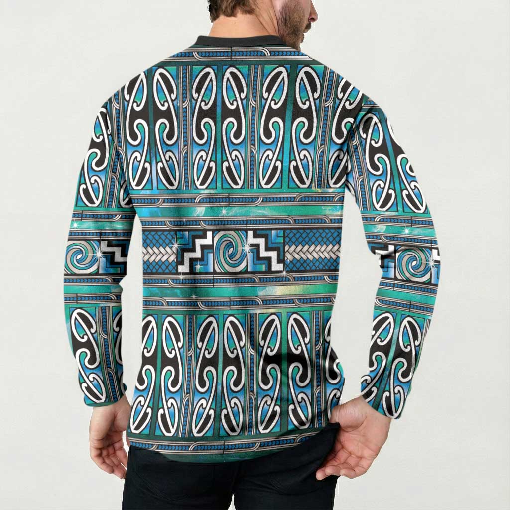 Maori Matariki Button Sweatshirt Green Galaxy Aesthetic Koru Art