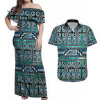 Maori Matariki Couples Matching Off Shoulder Maxi Dress and Hawaiian Shirt Green Galaxy Aesthetic Koru Art