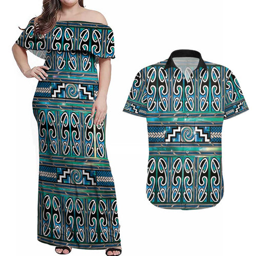 Maori Matariki Couples Matching Off Shoulder Maxi Dress and Hawaiian Shirt Green Galaxy Aesthetic Koru Art