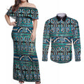 Maori Matariki Couples Matching Off Shoulder Maxi Dress and Long Sleeve Button Shirt Green Galaxy Aesthetic Koru Art