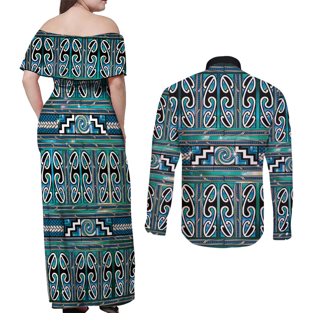 Maori Matariki Couples Matching Off Shoulder Maxi Dress and Long Sleeve Button Shirt Green Galaxy Aesthetic Koru Art