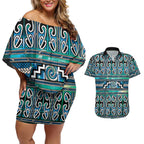 Maori Matariki Couples Matching Off Shoulder Short Dress and Hawaiian Shirt Green Galaxy Aesthetic Koru Art