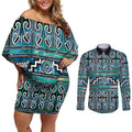 Maori Matariki Couples Matching Off Shoulder Short Dress and Long Sleeve Button Shirt Green Galaxy Aesthetic Koru Art