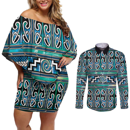 Maori Matariki Couples Matching Off Shoulder Short Dress and Long Sleeve Button Shirt Green Galaxy Aesthetic Koru Art