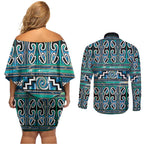 Maori Matariki Couples Matching Off Shoulder Short Dress and Long Sleeve Button Shirt Green Galaxy Aesthetic Koru Art