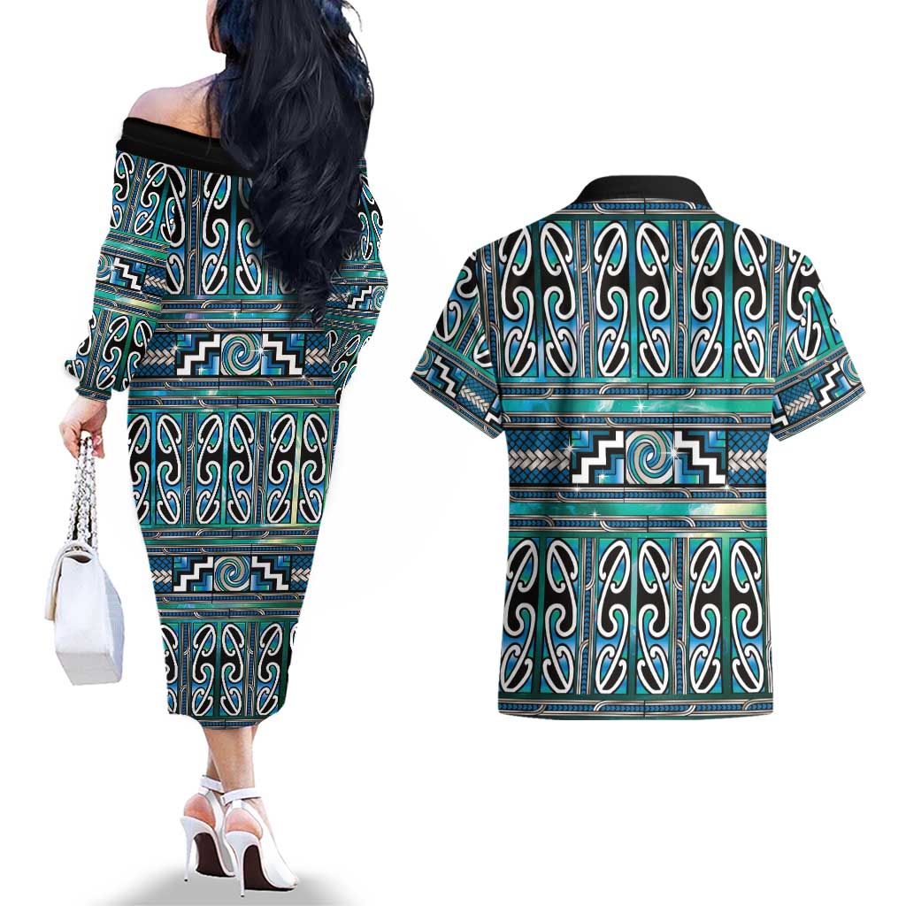 Maori Matariki Couples Matching Off The Shoulder Long Sleeve Dress and Hawaiian Shirt Green Galaxy Aesthetic Koru Art
