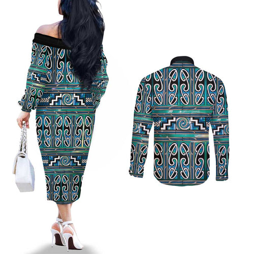 Maori Matariki Couples Matching Off The Shoulder Long Sleeve Dress and Long Sleeve Button Shirt Green Galaxy Aesthetic Koru Art