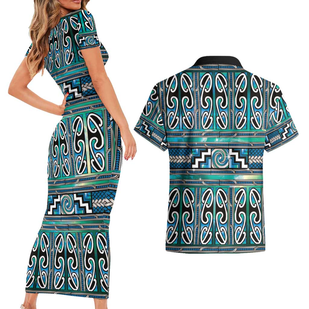 Maori Matariki Couples Matching Short Sleeve Bodycon Dress and Hawaiian Shirt Green Galaxy Aesthetic Koru Art