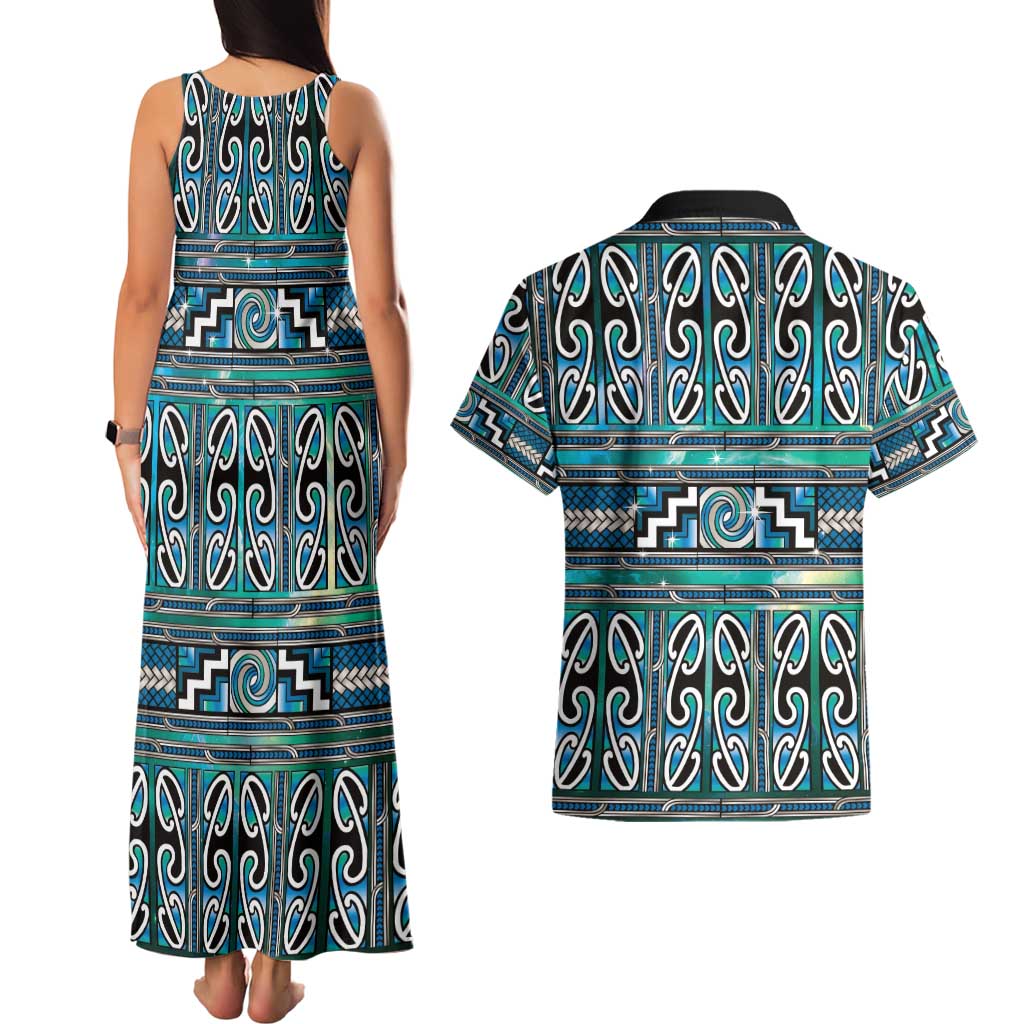 Maori Matariki Couples Matching Tank Maxi Dress and Hawaiian Shirt Green Galaxy Aesthetic Koru Art
