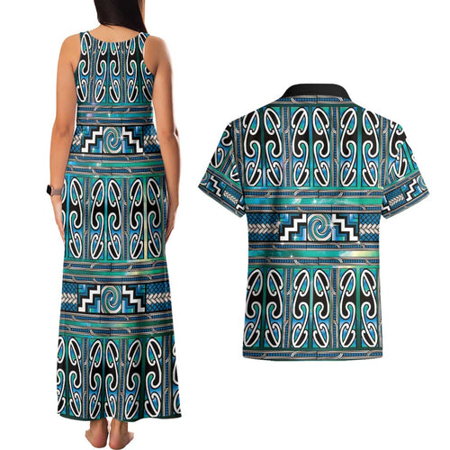 Maori Matariki Couples Matching Tank Maxi Dress and Hawaiian Shirt Green Galaxy Aesthetic Koru Art