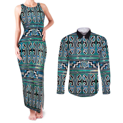 Maori Matariki Couples Matching Tank Maxi Dress and Long Sleeve Button Shirt Green Galaxy Aesthetic Koru Art